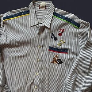 Vintage 90s Cat Lover Striped Button-Up – Denim & Stud Detail, Size 1X